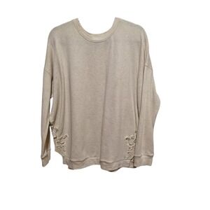 True Craft Womens 1X Pullover Sweatshirt Top Cream Crochet Lace Sides Long Slvs